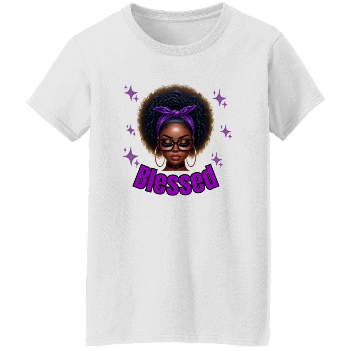 White t-shirt with a graphic of a woman with an afro, sunglasses, and a purple headband with the word 'Blessed' on a white background.