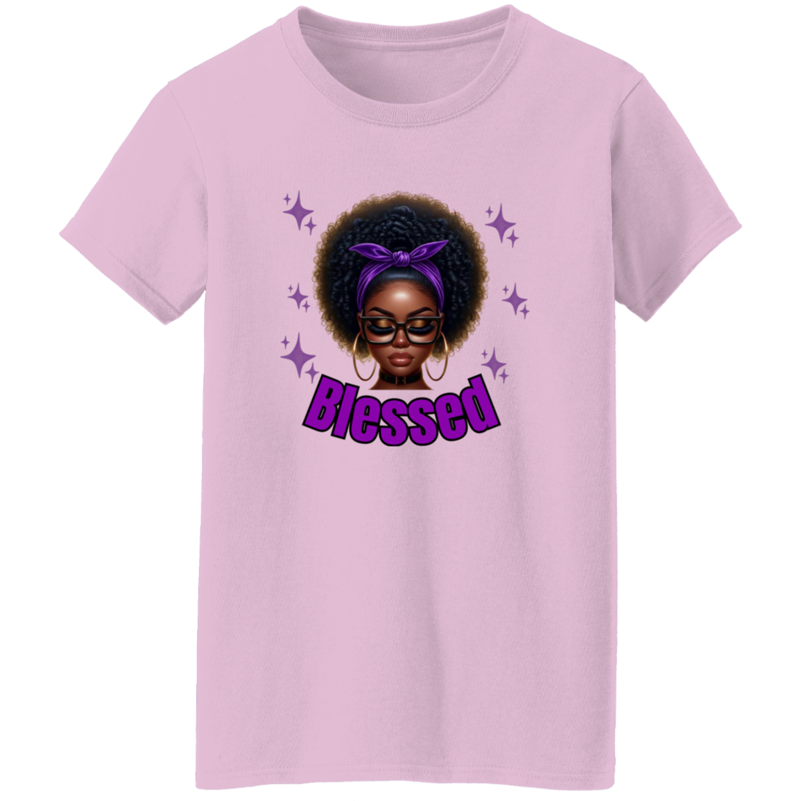 Light pink t-shirt with a graphic of a woman with an afro, glasses, and a purple headband with the word 'Blessed' on a white background.