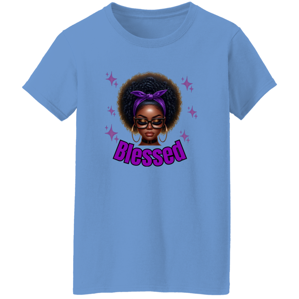 Blue t-shirt with a graphic of a woman with an afro and the word 'Blessed' on a white background