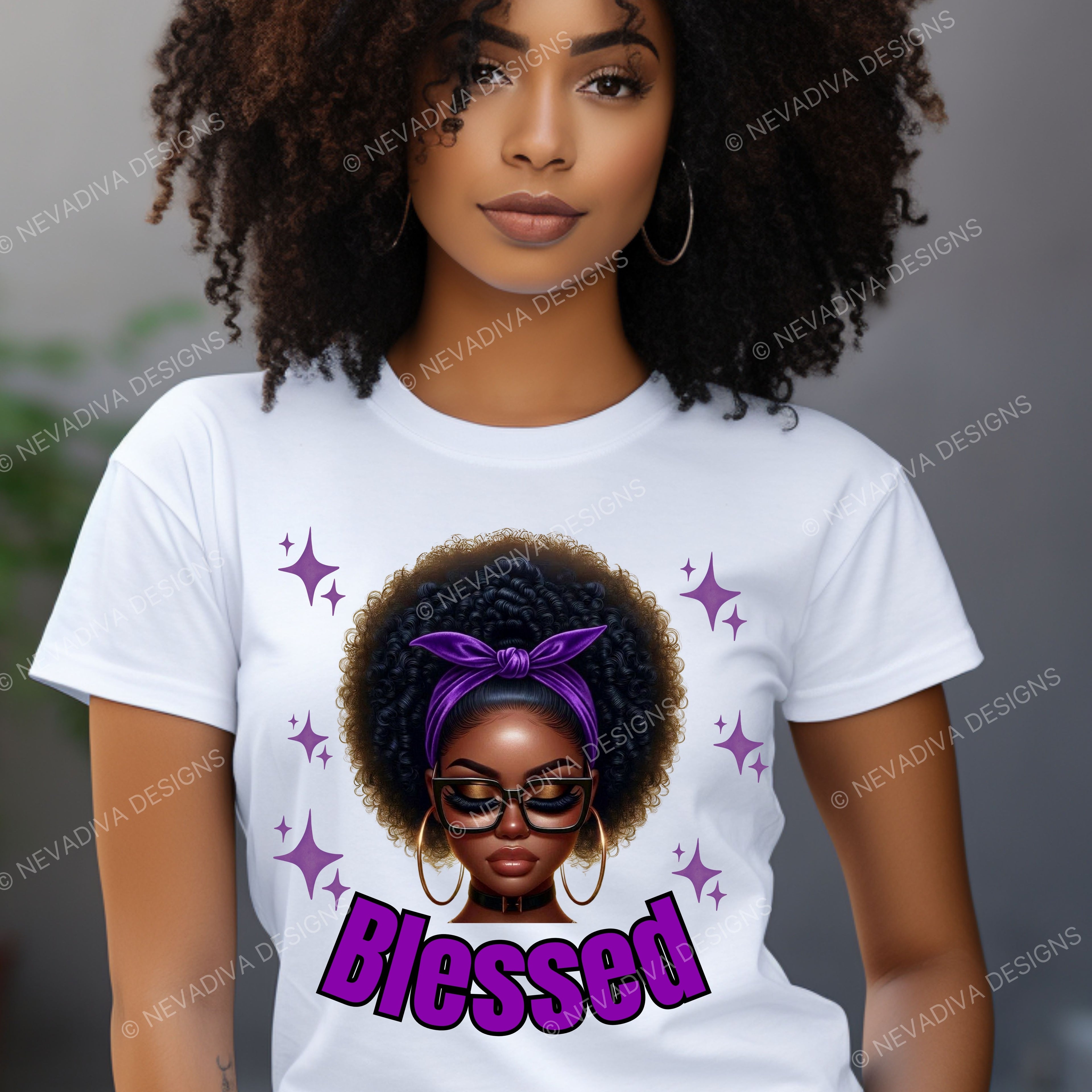 Woman wearing a white t-shirt with a graphic of a woman with a purple bandana and the word 'Blessed'.