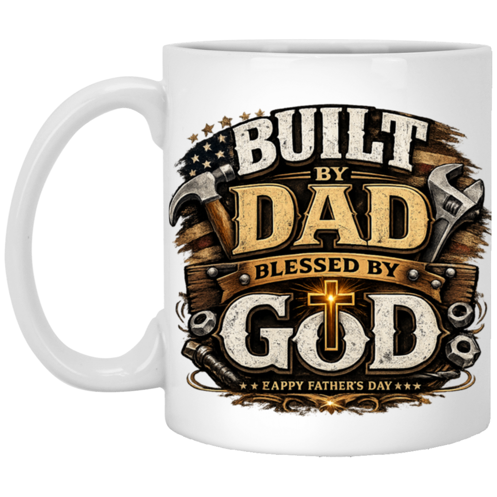 Built by DAD Blesse by GOD text on a white mug