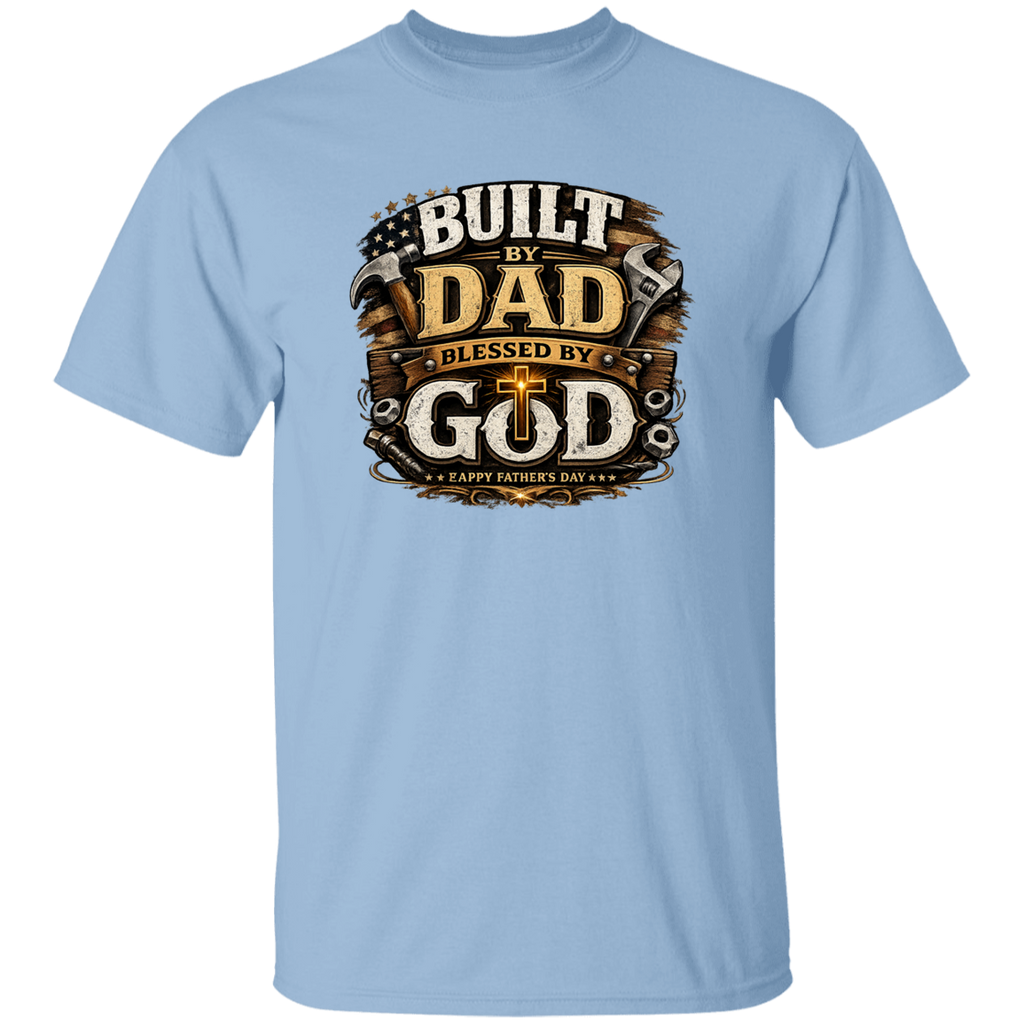Light blue t-shirt with 'Built by Dad, Blessed by God' graphic design on a white background