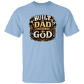 Light blue t-shirt with 'Built by Dad, Blessed by God' graphic design on a white background