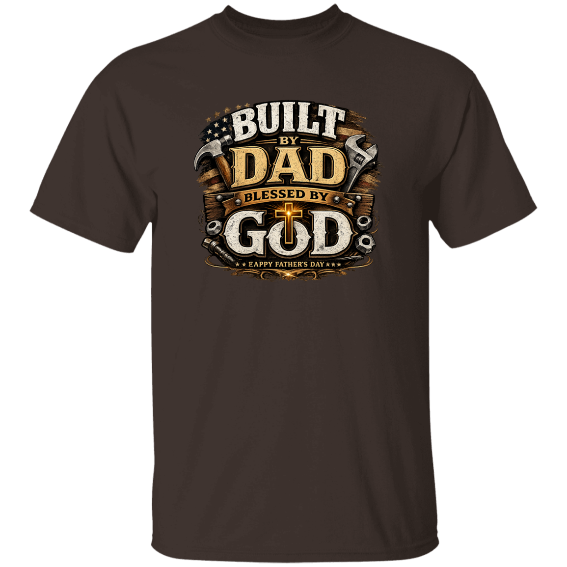 Dark chocolate t-shirt with 'Built by Dad, Blessed by God' graphic design on a white background