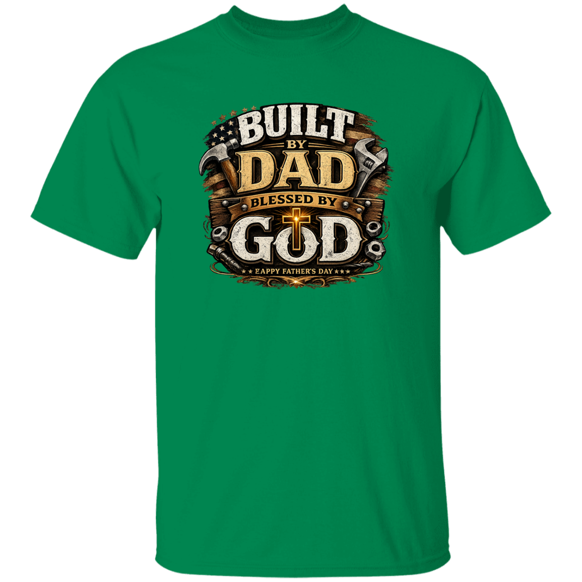 Turf green t-shirt with 'Built by Dad, Blessed by God' graphic design on a white background