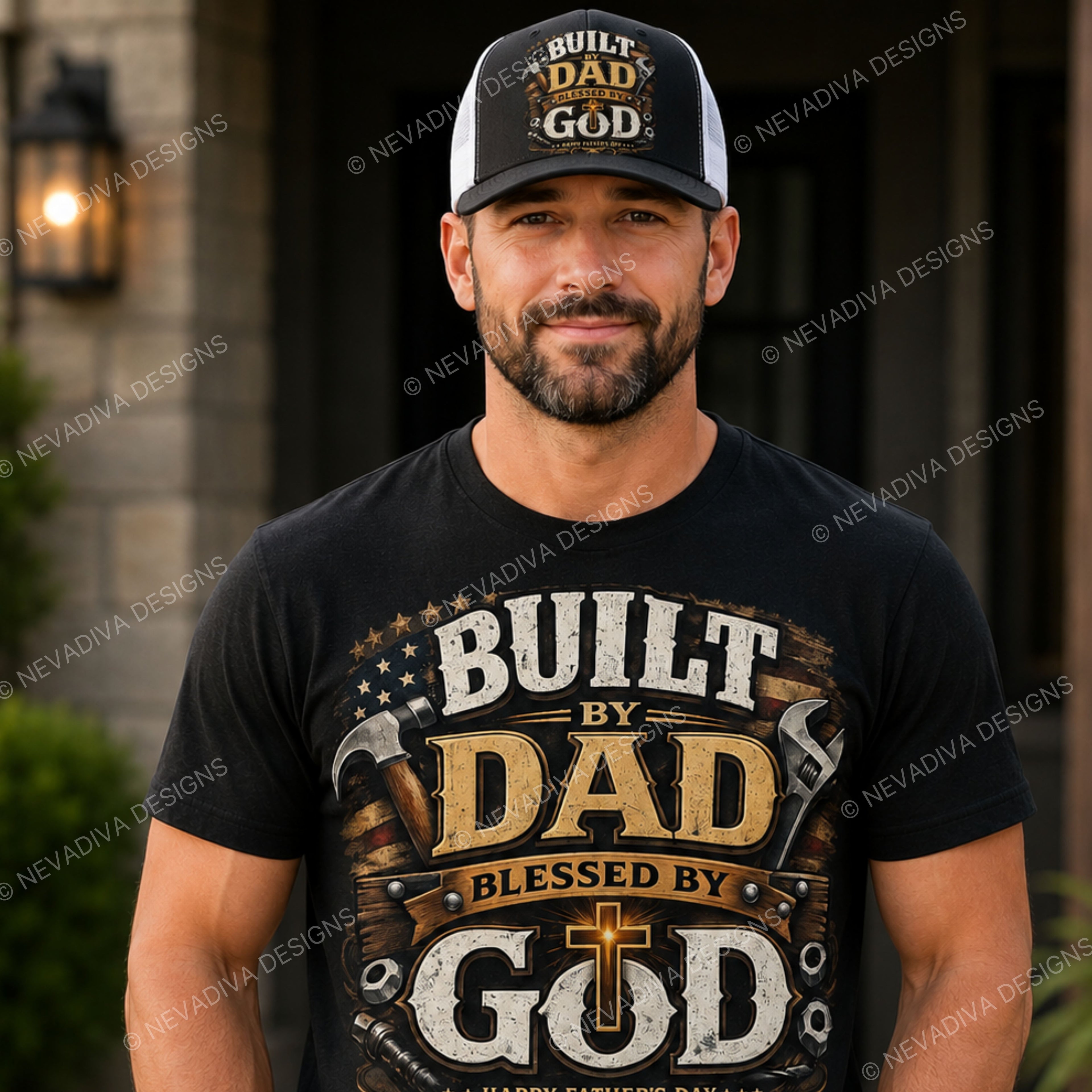 Man wearing a black t-shirt with 'Built by Dad, Blessed by God' design and a matching cap.