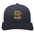 A black and white cap with Built by DAD blessed by God on the front