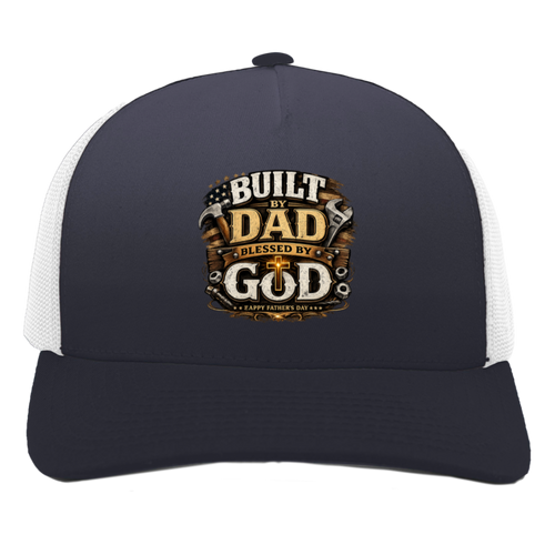 A black and white cap with Built by DAD blessed by God on the front