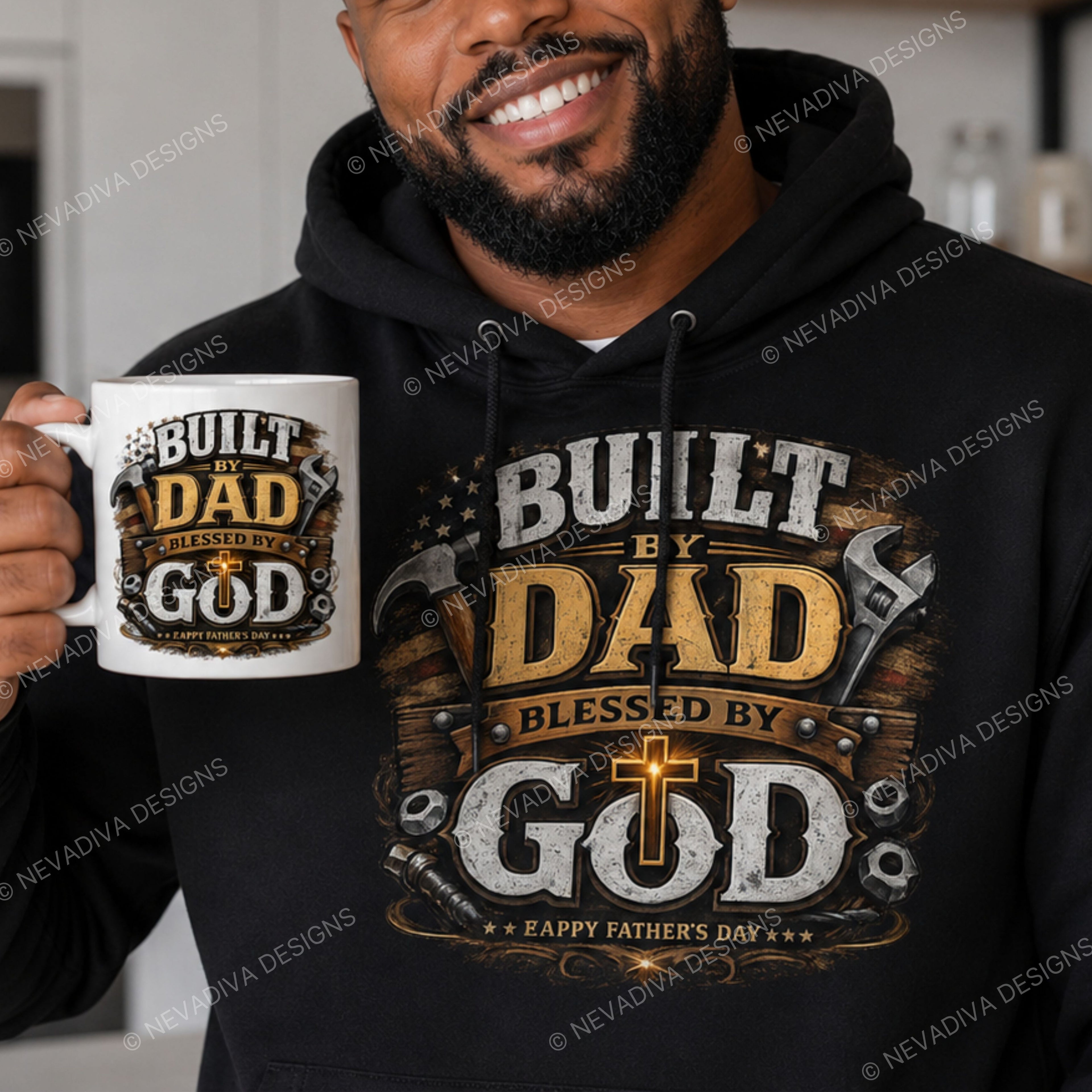 Man wearing a black hoodie with 'Built by Dad, Blessed by God' design, holding a matching mug.