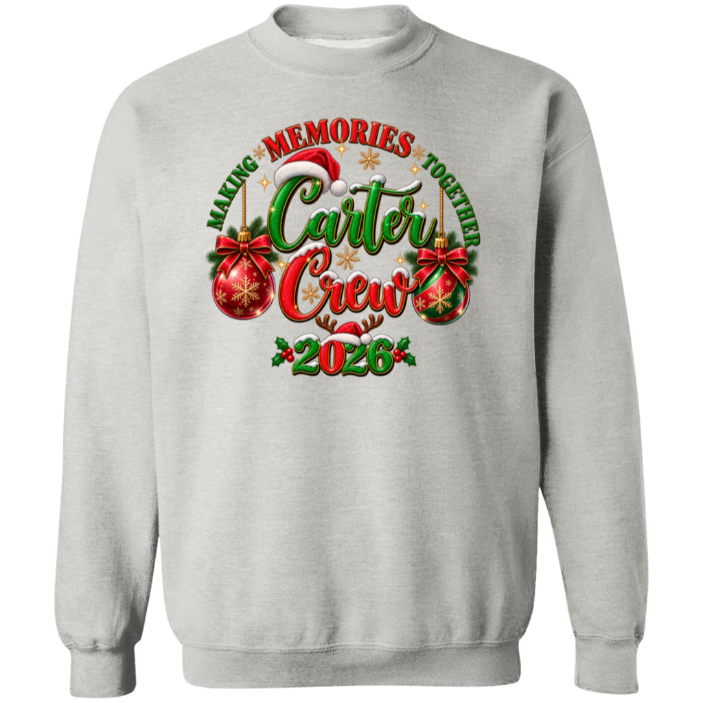 A WHITE Christmas crewneck sweatshirts and red-and-black buffalo plaid pajama pants, standing together in a decorated holiday living room. The sweatshirts feature a festive graphic with 'Merry Christmas' in red and green, and the pants have a classic red and black plaid pattern.