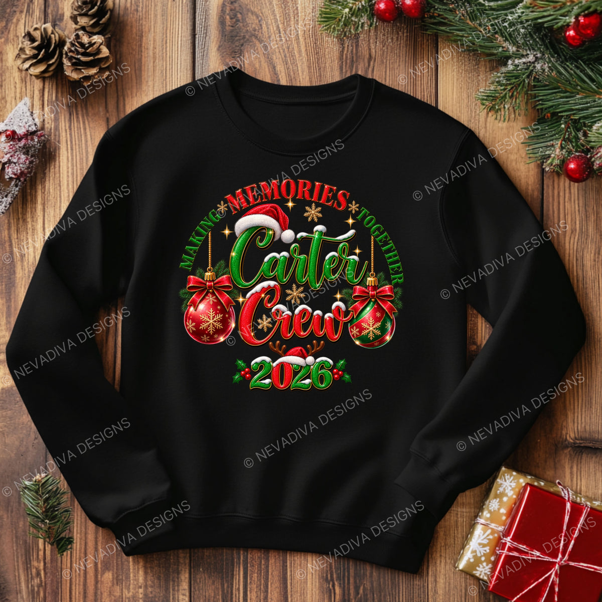 A BLACK Christmas crewneck sweatshirts and red-and-black buffalo plaid pajama pants, standing together in a decorated holiday living room. The sweatshirts feature a festive graphic with 'Merry Christmas' in red and green, and the pants have a classic red and black plaid pattern.
