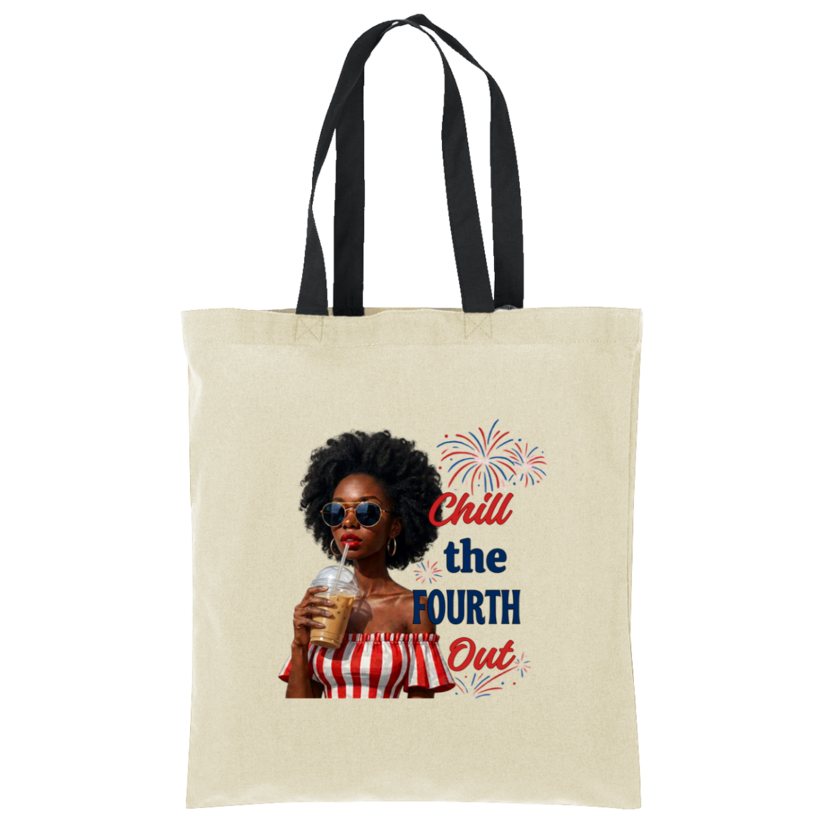 black handle tote bag with a graphic design of a woman holding a drink and text, standing in a room with plants and decor.