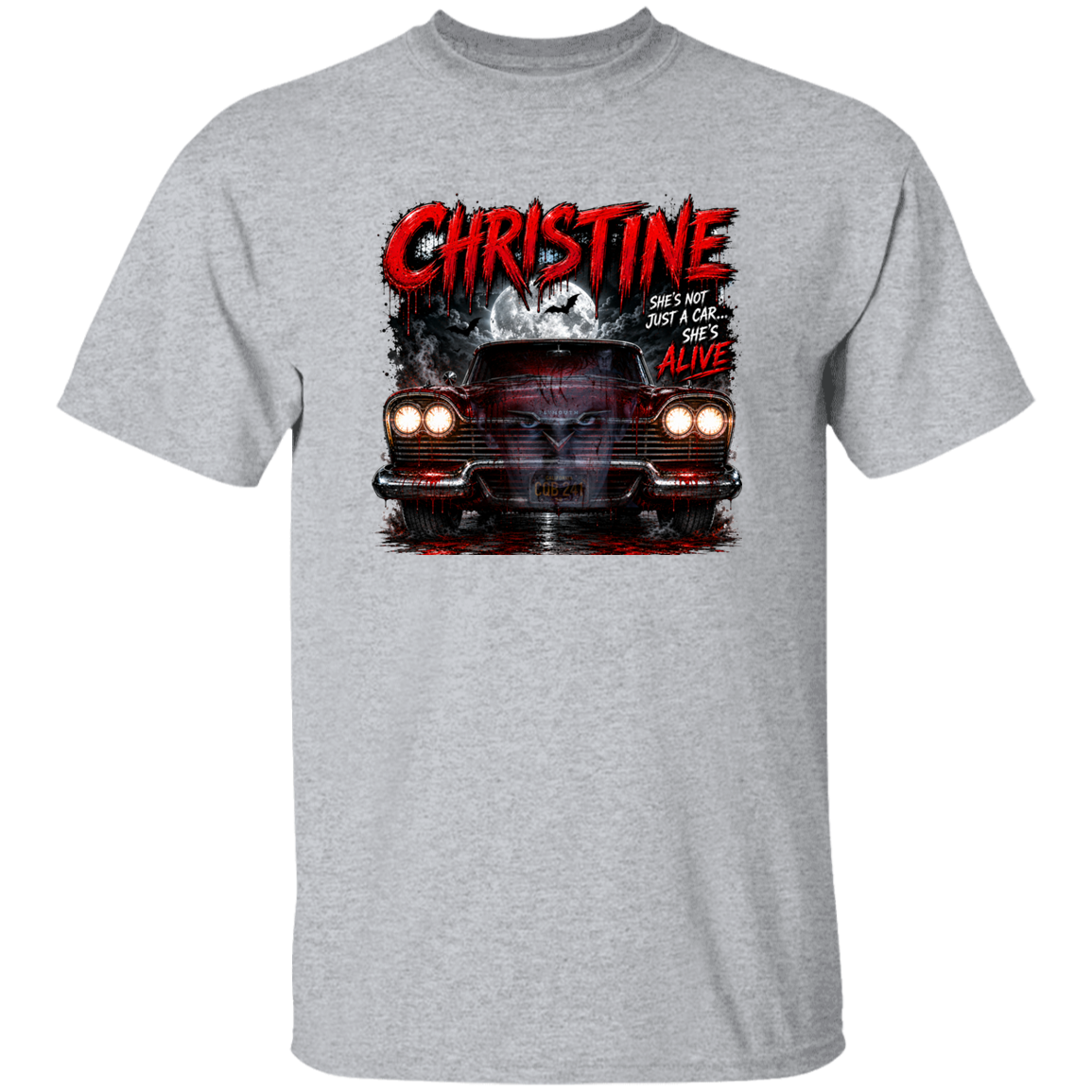 A heather gray short-sleeve crewneck t-shirt featuring a graphic print of a red classic car with the text 'CHRISTINE' in a distressed red font and 'SHES NOT JUST A CAR SHES ALIVE' written on the front.