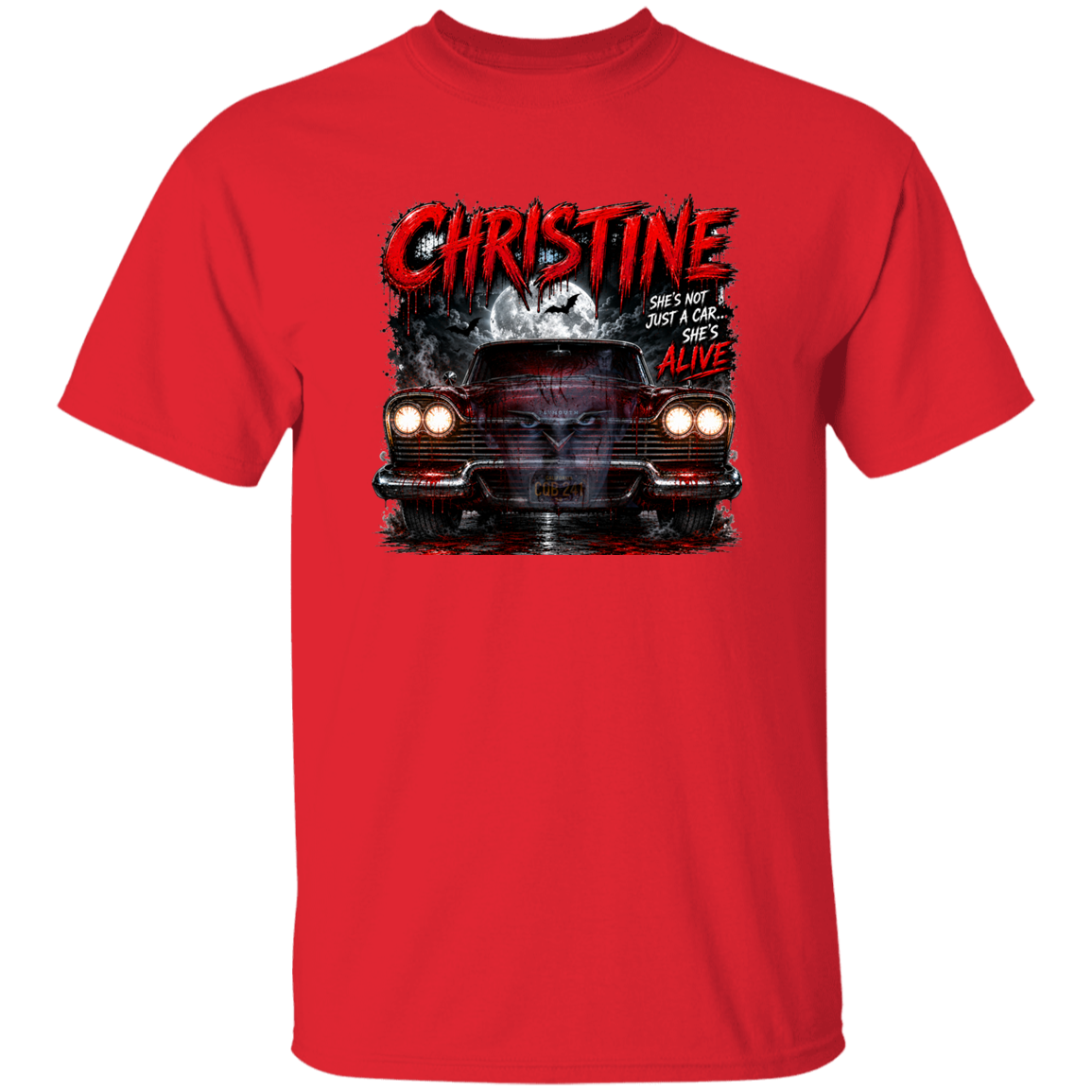 A red short-sleeve crewneck t-shirt featuring a graphic print of a classic car with the text 'CHRISTINE' and 'SHES NOT JUST A CAR SHES ALIVE on the front.