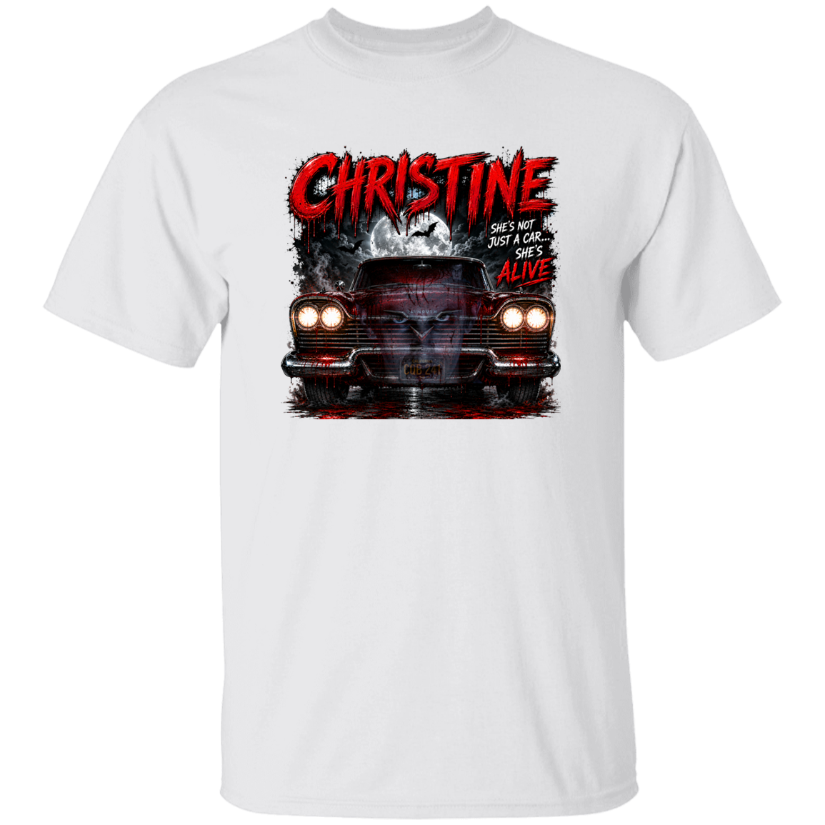 A white short-sleeve crewneck t-shirt featuring a graphic print of a red classic car with the text 'CHRISTINE' in a distressed red font and 'CHRISTINE IS NOT JUST A CAR SHES ALIVE' in smaller text.
