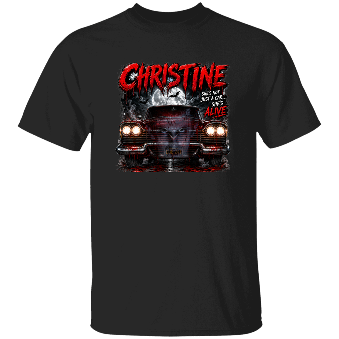 A black short-sleeve crewneck t-shirt featuring a graphic print of a classic red car with the text 'CHRISTINE' in a distressed red font and 'SHE IS NOT JUST A CAR SHES ALIVE' written on the front.