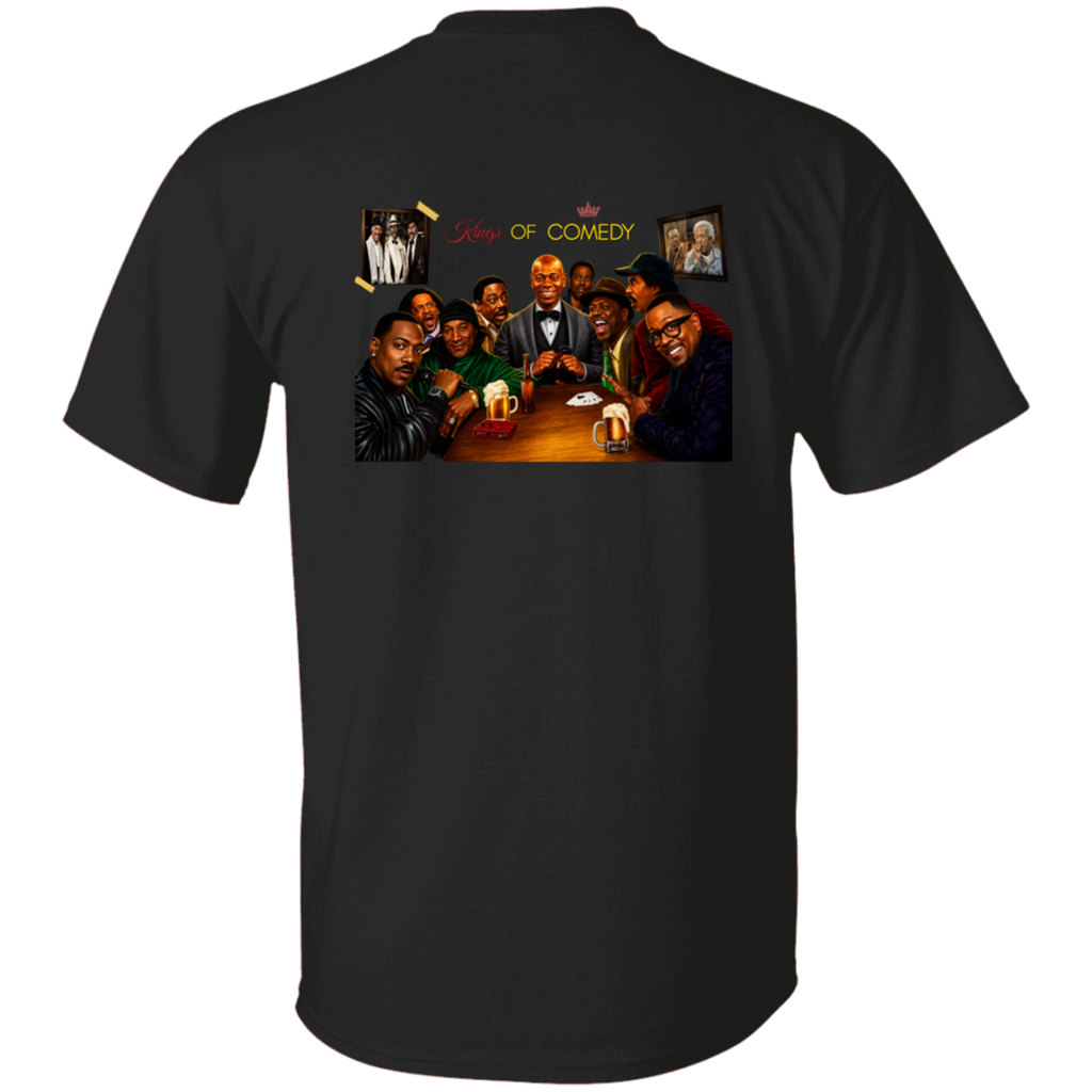 A black short-sleeve t-shirt shown from the back, featuring a large graphic print of the 'King of Comedy' group photo with a humorous caption.