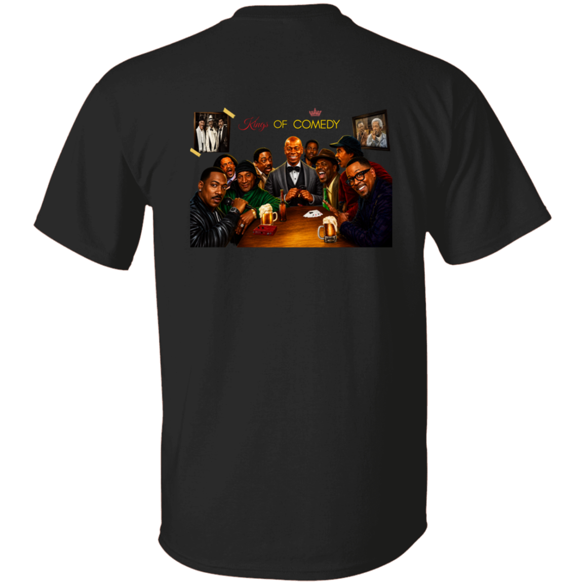A black short-sleeve t-shirt shown from the back, featuring a large graphic print of the 'King of Comedy' group photo with a humorous caption.