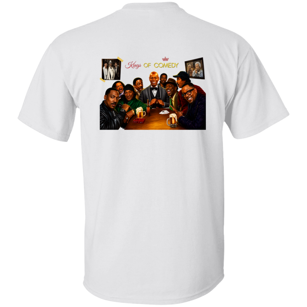 White short-sleeve t-shirt shown from the back, featuring a large graphic print of the 'King's of Comedy' cast around a table with framed pictures and the text 'King's of Comedy' above them.