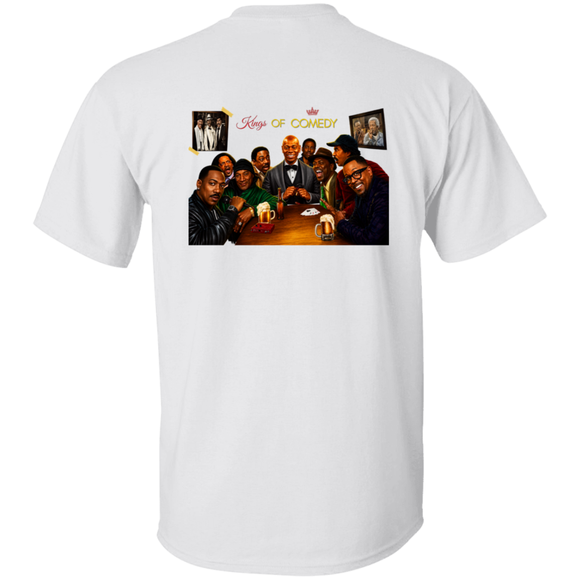 White short-sleeve t-shirt shown from the back, featuring a large graphic print of the 'King's of Comedy' cast around a table with framed pictures and the text 'King's of Comedy' above them.