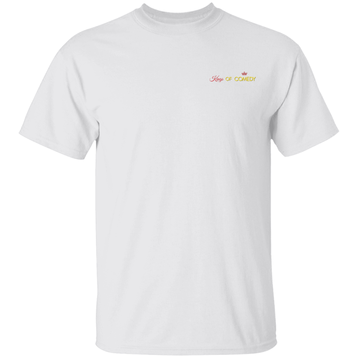 White t-shirt with a text Kings of comedy design on a white background