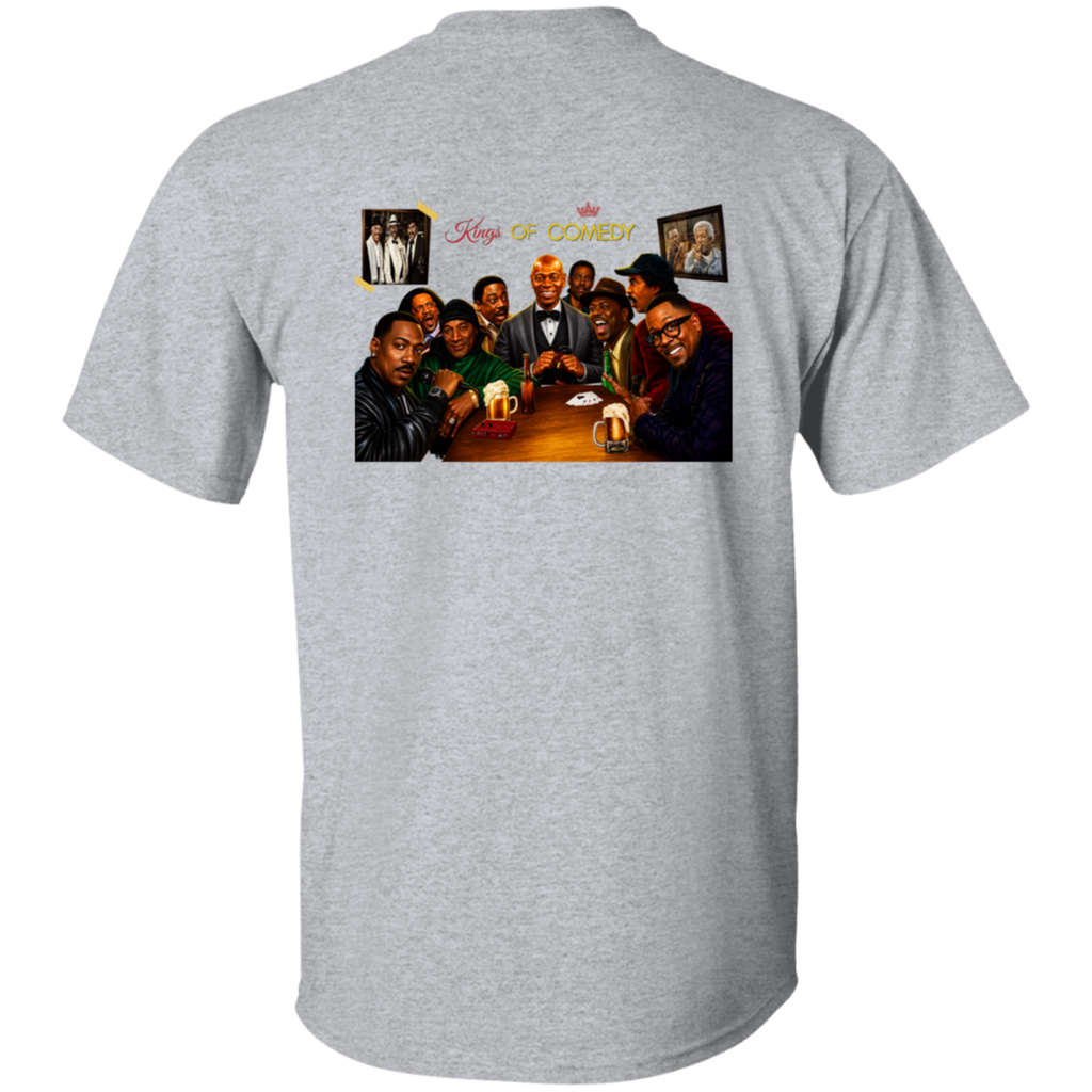 A heather gray short-sleeve t-shirt shown from the back, featuring a large graphic print of the 'King's of Comedy' group photo on the upper back.