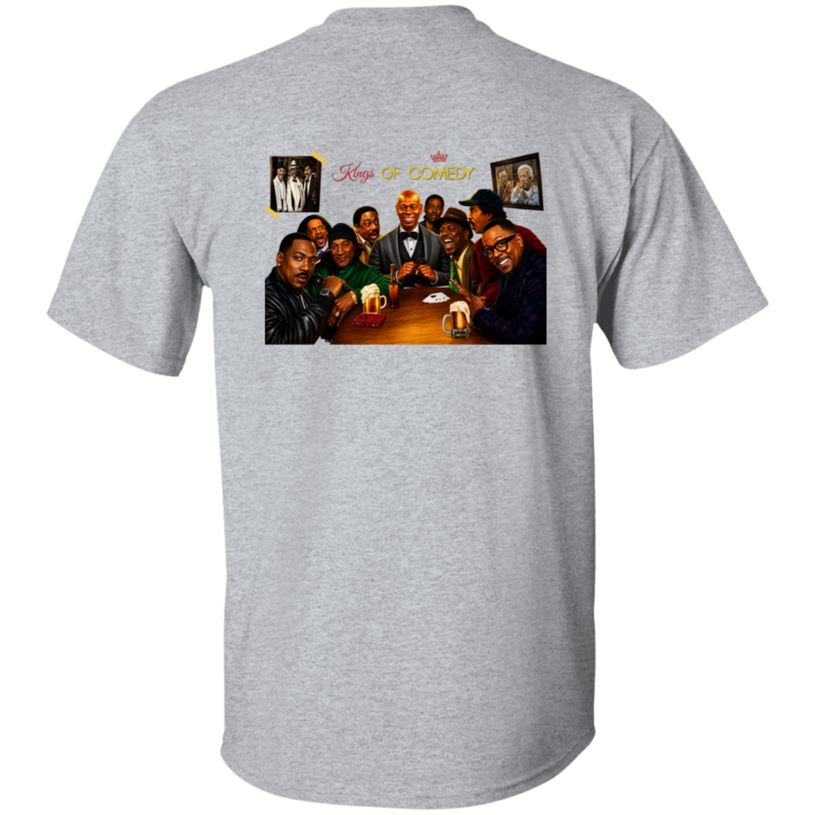 A heather gray short-sleeve t-shirt shown from the back, featuring a large graphic print of the 'King's of Comedy' group photo on the upper back.
