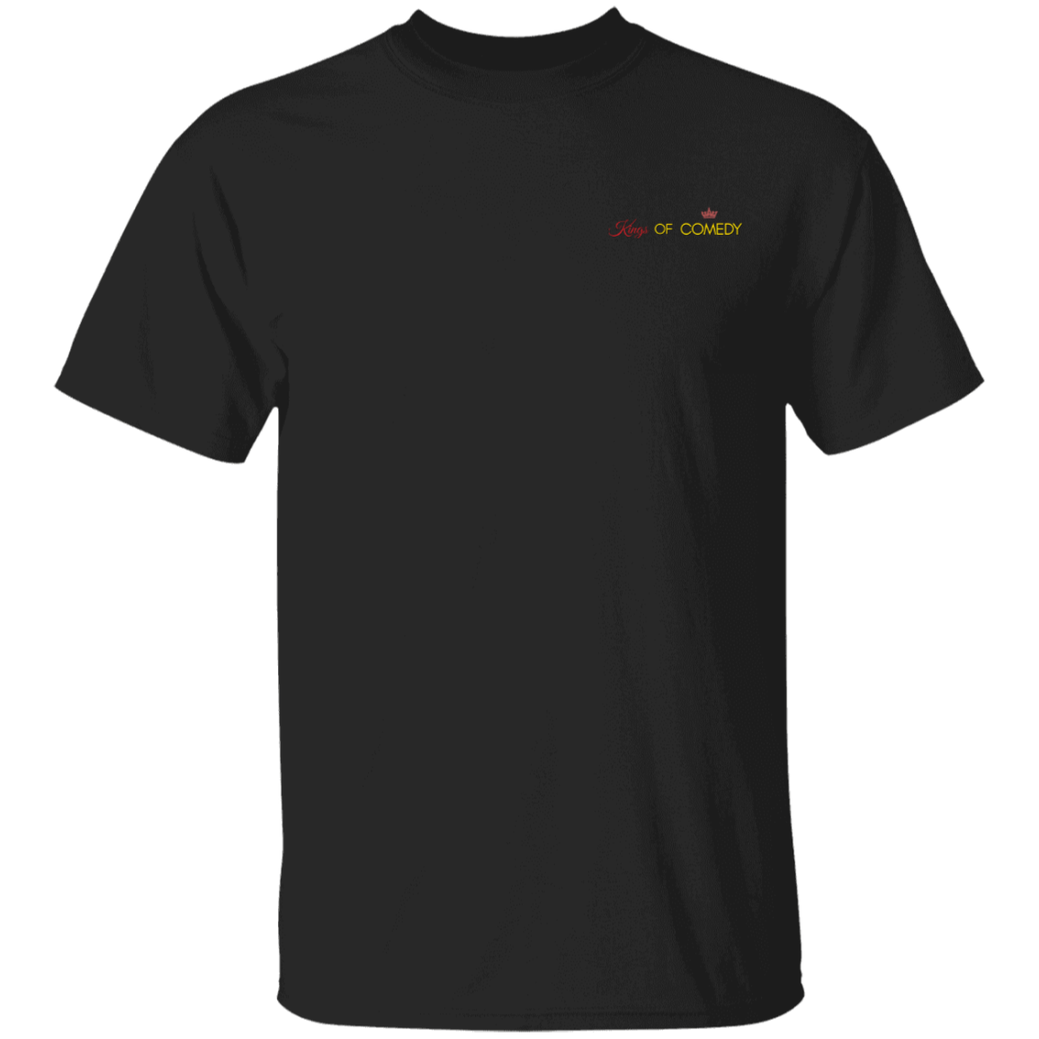 A black short-sleeve crewneck t-shirt with a small 'TEXT kings of Comedy' logo printed on the left chest, shown against a plain white background.