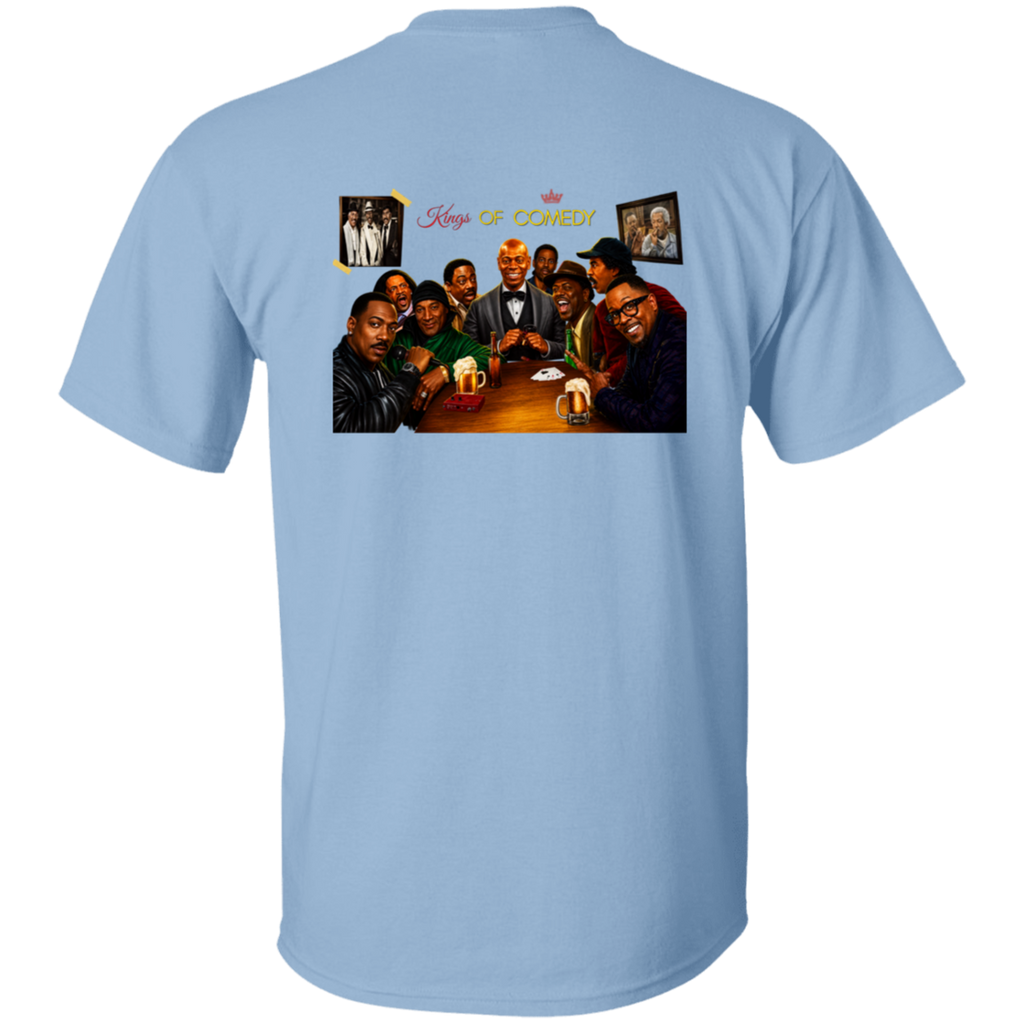 A light blue short-sleeve t-shirt shown from the back, featuring a large graphic print of the 'King's of Comedy' cast sitting around a table with the text 'King's OF COMEDY' above them.