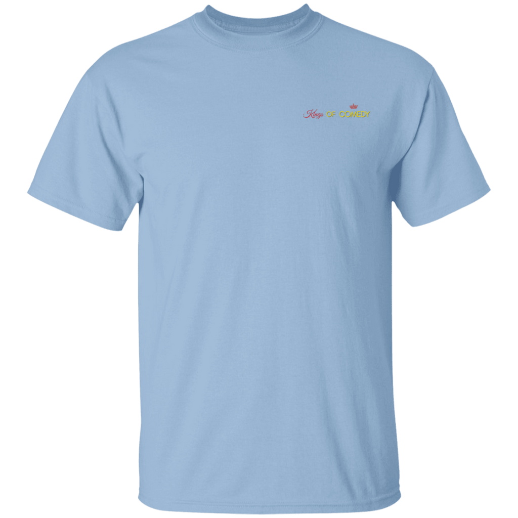 Light blue t-shirt with 'kings of comedy' text on a white background