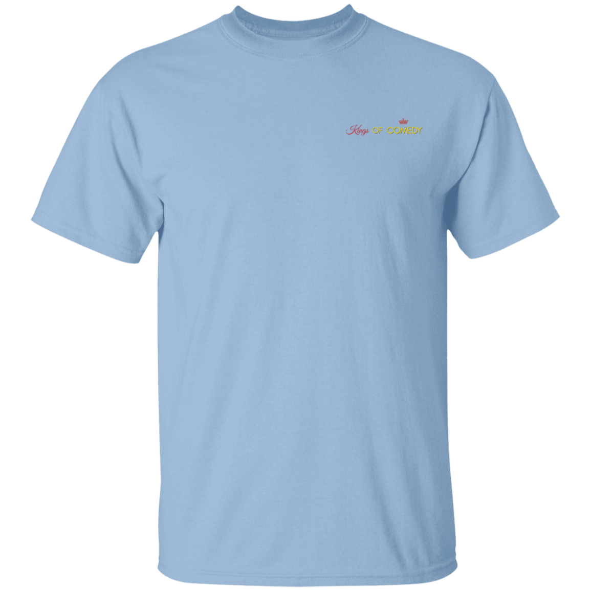 Light blue t-shirt with 'kings of comedy' text on a white background