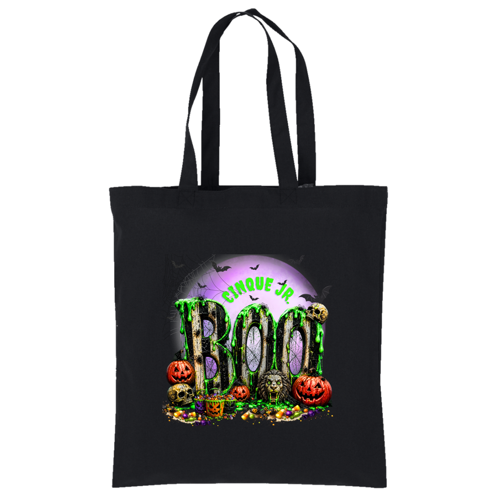 A black canvas tote bag with long handles, featuring a colorful Halloween-themed graphic on the front that reads 'Cinque Jr. BOO' with pumpkins, skulls, bats, and candy.