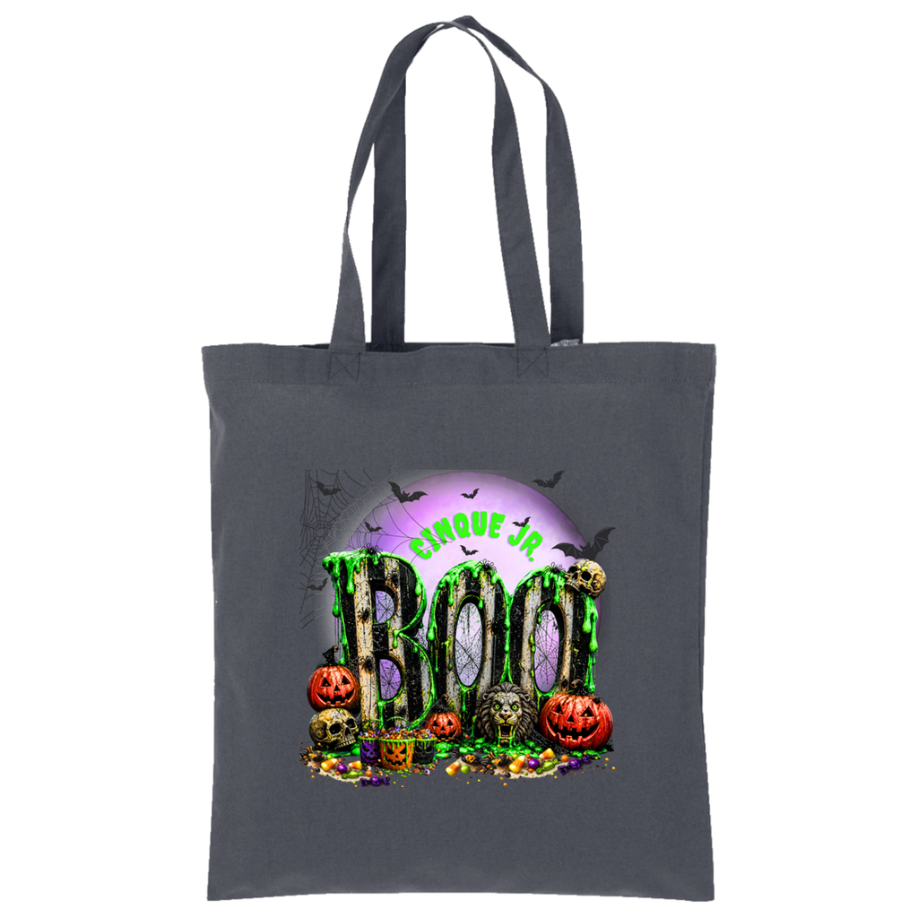 A dark gray canvas tote bag with a colorful Halloween graphic on the front. The graphic features the text 'Cinque Jr BOO' in green dripping letters, surrounded by jack-o'-lanterns, skulls, candy, and a purple full moon with bats.