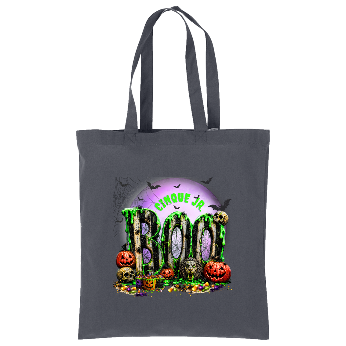 A dark gray canvas tote bag with a colorful Halloween graphic on the front. The graphic features the text 'Cinque Jr BOO' in green dripping letters, surrounded by jack-o'-lanterns, skulls, candy, and a purple full moon with bats.