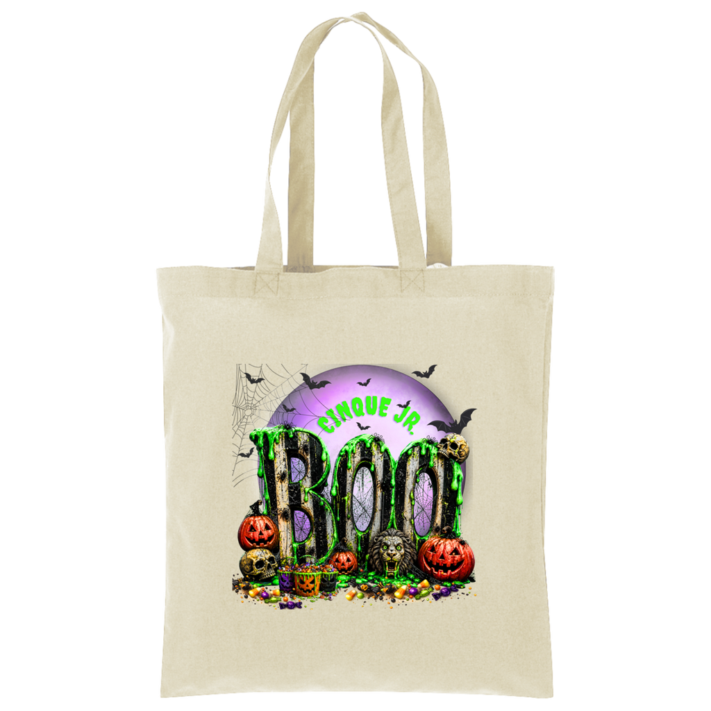A natural canvas tote bag with a colorful Halloween-themed graphic print featuring the text 'Cinque Jr. BOO' and spooky illustrations including pumpkins, bats, and a purple moon.