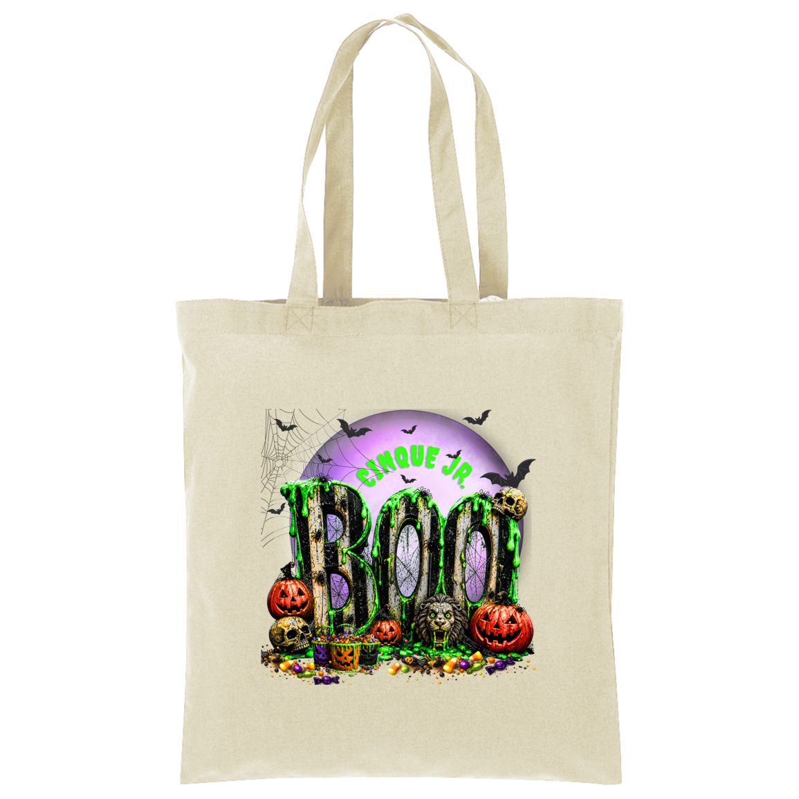 A natural canvas tote bag with a colorful Halloween-themed graphic print featuring the text 'Cinque Jr. BOO' and spooky illustrations including pumpkins, bats, and a purple moon.