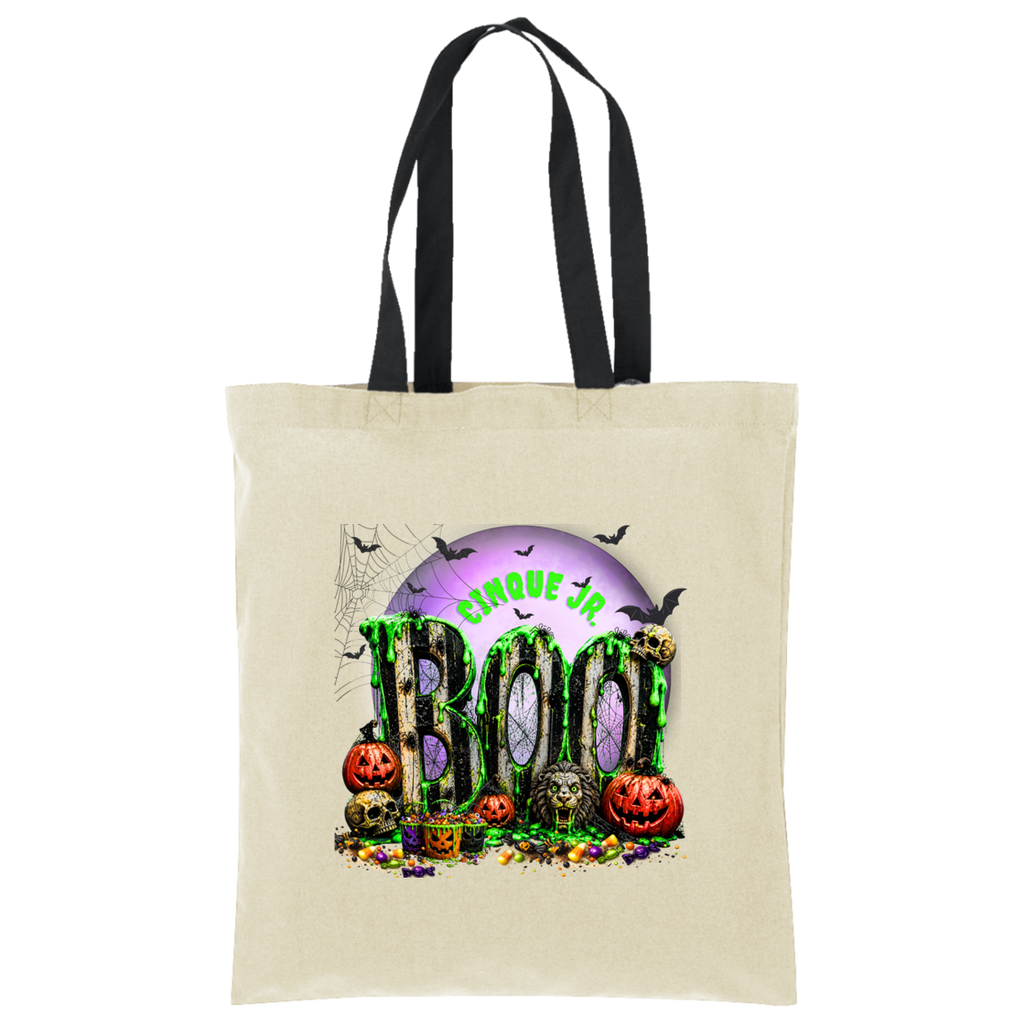 A beige canvas tote bag with black shoulder straps, featuring a colorful Halloween-themed graphic on the front with the text 'Cinque Jr' and 'BOO' above jack-o'-lanterns, skulls, bats, and a spiderweb on a white background.