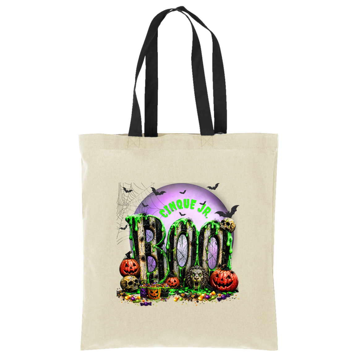 A beige canvas tote bag with black shoulder straps, featuring a colorful Halloween-themed graphic on the front with the text 'Cinque Jr' and 'BOO' above jack-o'-lanterns, skulls, bats, and a spiderweb on a white background.