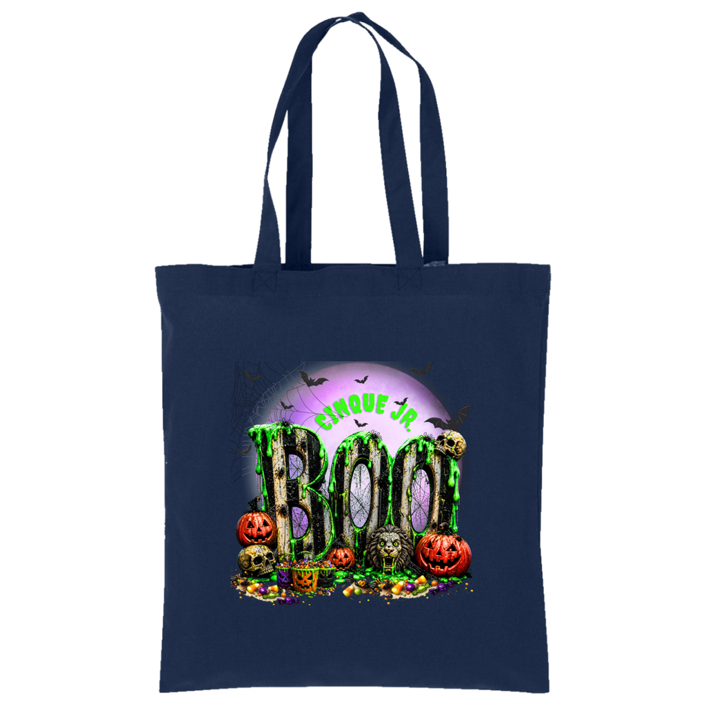 A navy blue canvas tote bag with long handles, featuring a colorful Halloween graphic on the front with the text 'Cinque Jrs' and 'BOO' in dripping green letters, surrounded by pumpkins, skulls, and bats.