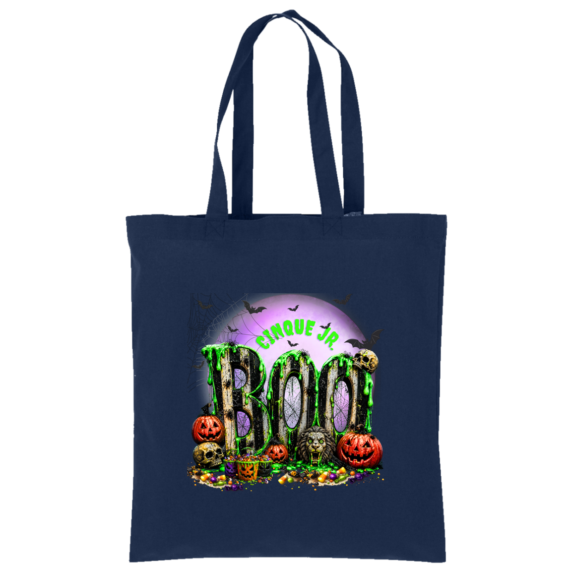 A navy blue canvas tote bag with long handles, featuring a colorful Halloween graphic on the front with the text 'Cinque Jrs' and 'BOO' in dripping green letters, surrounded by pumpkins, skulls, and bats.