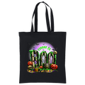 A black canvas tote bag with two shoulder straps, featuring a colorful Halloween graphic on the front. The graphic displays the words 'CINQUE JR' in green above the word 'BOO' in dripping green slime, surrounded by jack-o'-lanterns, skulls, candy, and a purple full moon with bats.