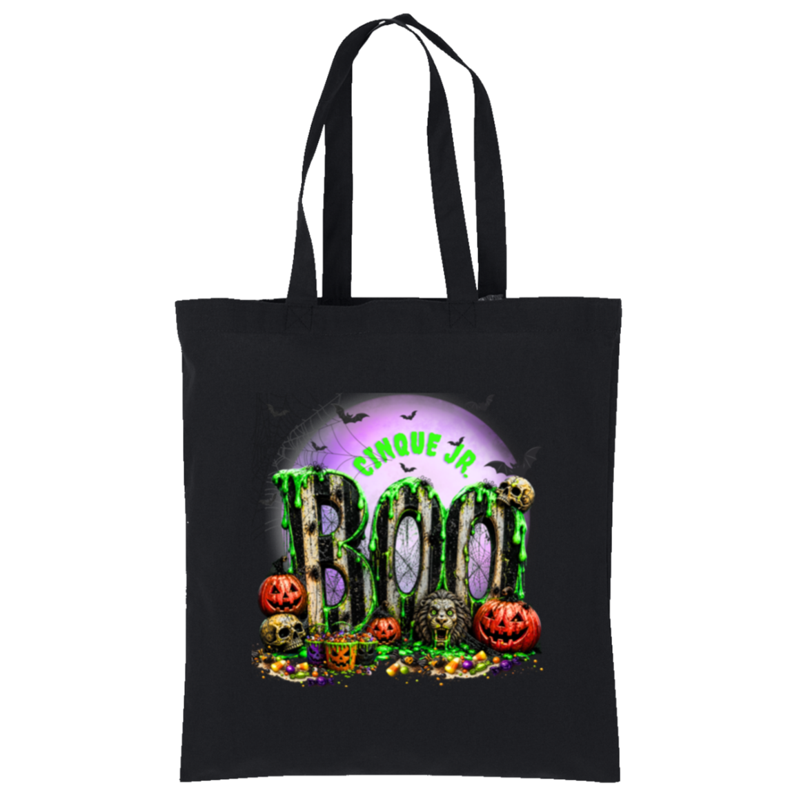 A black canvas tote bag with two shoulder straps, featuring a colorful Halloween graphic on the front. The graphic displays the words 'CINQUE JR' in green above the word 'BOO' in dripping green slime, surrounded by jack-o'-lanterns, skulls, candy, and a purple full moon with bats.