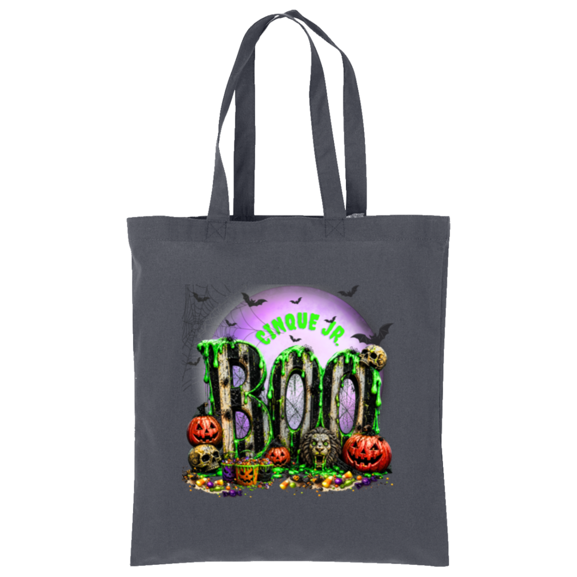 A dark gray canvas tote bag with a colorful Halloween graphic on the front featuring the text 'Cinque J'r BOO' in dripping green letters, surrounded by pumpkins, skulls, candy, and bats against a purple moon background.