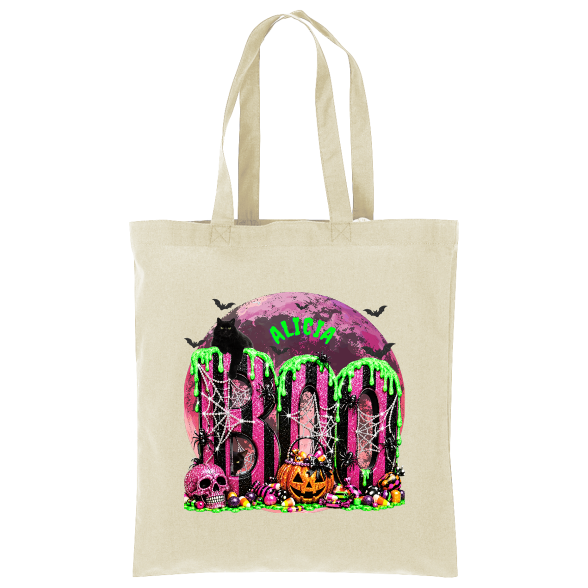 A beige canvas tote bag with a colorful Halloween-themed graphic print featuring the word 'BOO' in dripping neon green over a purple moon, skulls, a jack-o'-lantern, spiders, and bats.