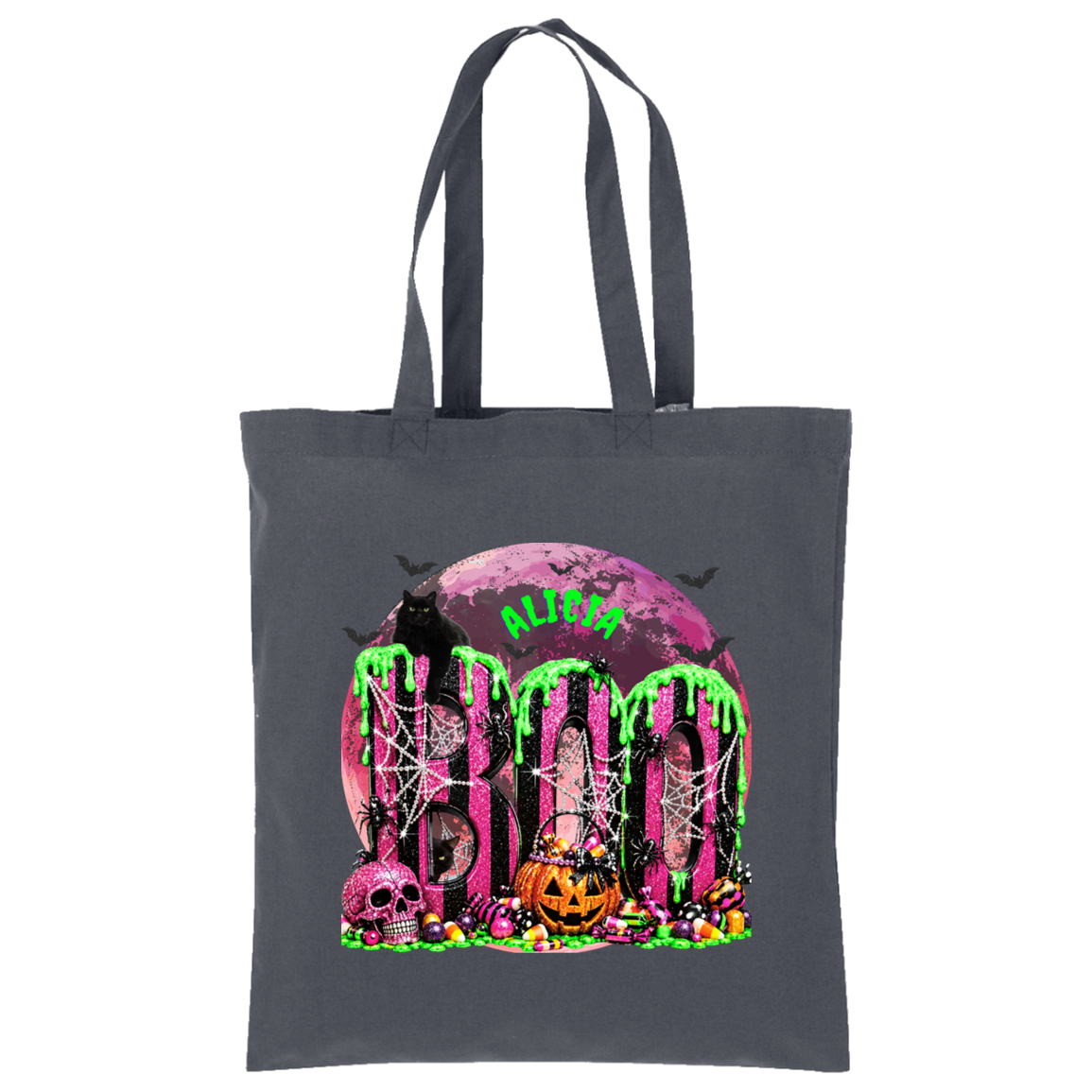 A dark gray canvas tote bag with a vibrant Halloween graphic print featuring the word 'BOO' in dripping neon green letters over a pink moon, spiderwebs, skulls, and pumpkins.