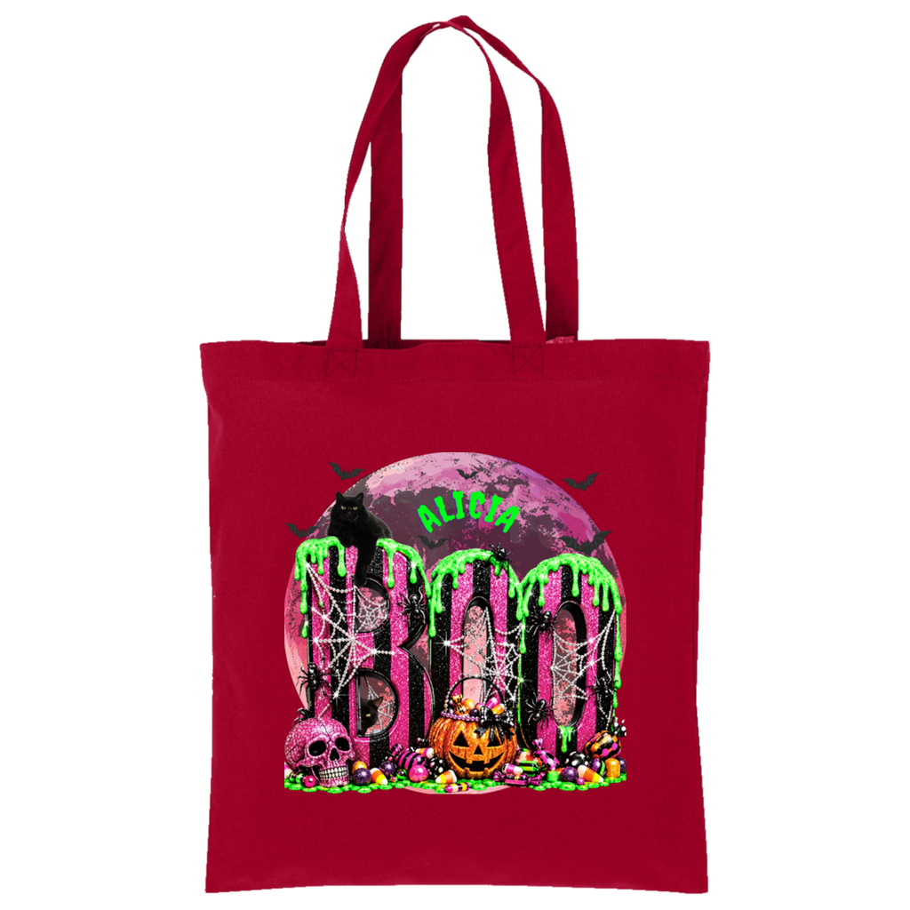A red canvas tote bag with a colorful Halloween-themed graphic print featuring the word 'BOOHO' in a spooky font with a full moon, skulls, spiderwebs, and candy.