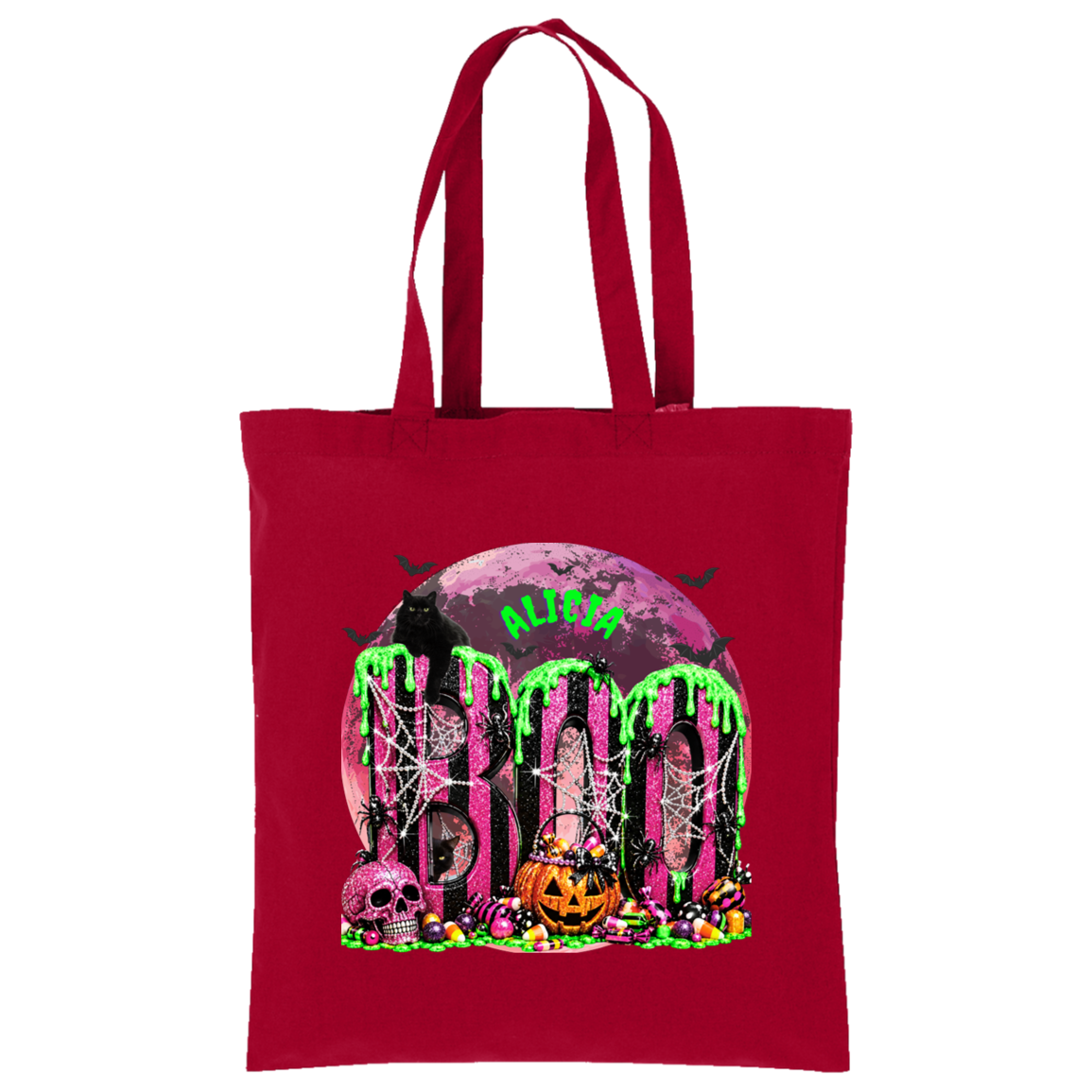 A red canvas tote bag with a colorful Halloween-themed graphic print featuring the word 'BOOHO' in a spooky font with a full moon, skulls, spiderwebs, and candy.