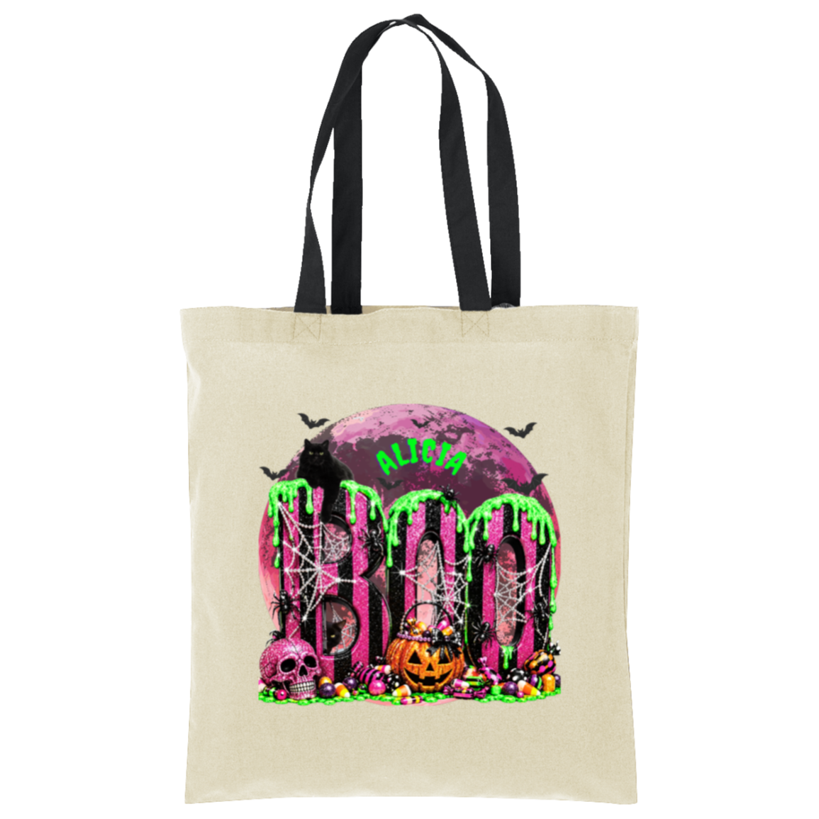 A beige canvas tote bag with black shoulder straps, featuring a colorful Halloween-themed graphic print on the front with a pink moon, bats, skulls, pumpkins, and the word 'ALIVE'.