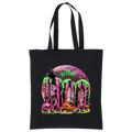 A black canvas tote bag with a vibrant Halloween-themed graphic print featuring the word 'BOO' in dripping neon green letters in front of a pink moon, skulls, a jack-o'-lantern, and candy, with the name 'ALITA' printed in green above.