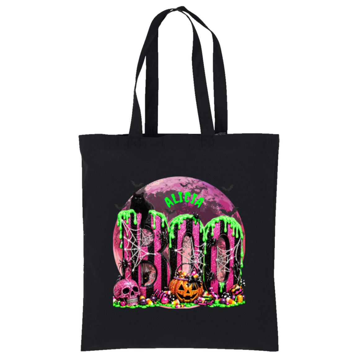 A black canvas tote bag with a vibrant Halloween-themed graphic print featuring the word 'BOO' in dripping neon green letters in front of a pink moon, skulls, a jack-o'-lantern, and candy, with the name 'ALITA' printed in green above.